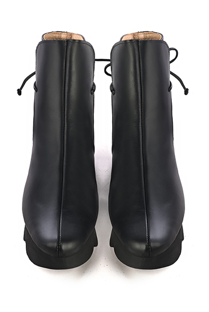 Satin black women's ankle boots with laces at the back.. Top view - Florence KOOIJMAN